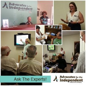 Collage of 5 images of caregivers educating a few seniors, at home senior care beaumont tx