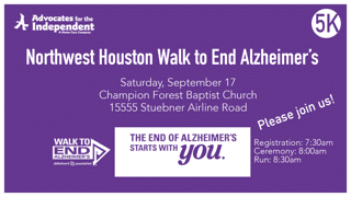 Banner about Northwest Houston Walk to End Alzheimer's 5K event on Saturday, Sept. 17